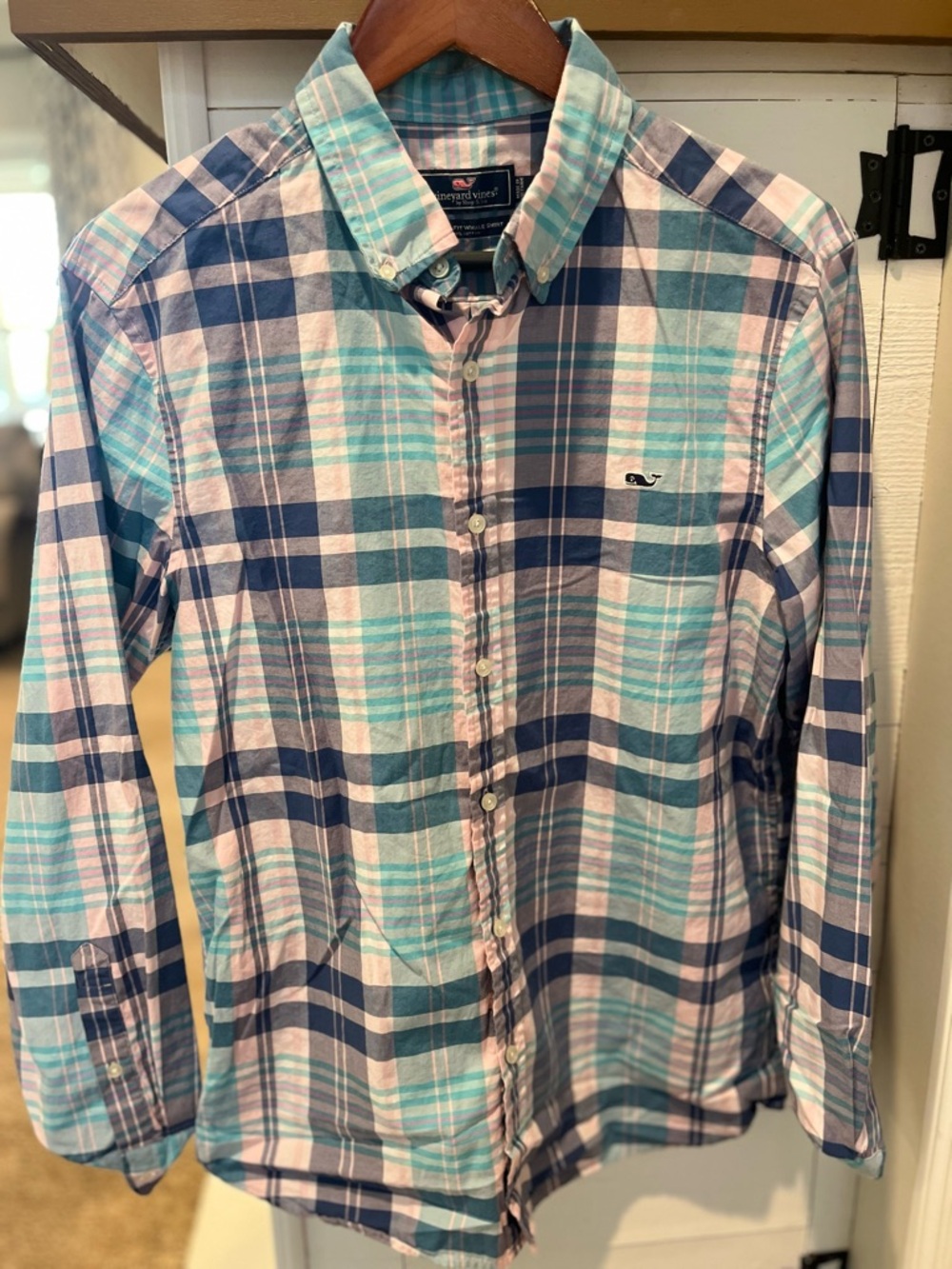 Vineyard Vines Mens Whale Shirt Button Up Plaid Blue White Cotton size medium